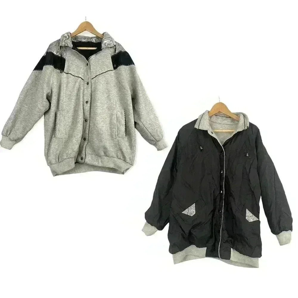 VTG‎ Reversible Windbreaker Jacket OS Silver Snap Button Closure CURRENT SEEN